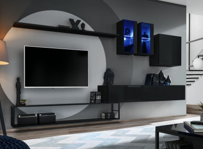 Designer Wohnwand Schwarz Modern Luxus TV Ständer Holzmöbel Einrichtung Garnitur